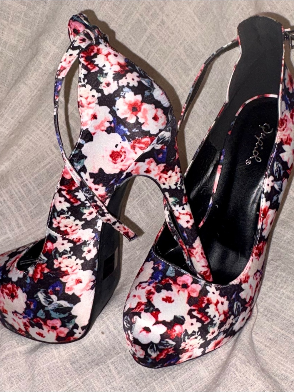 Qupid Floral Slingback Platform Heels - Black, Pink, Red